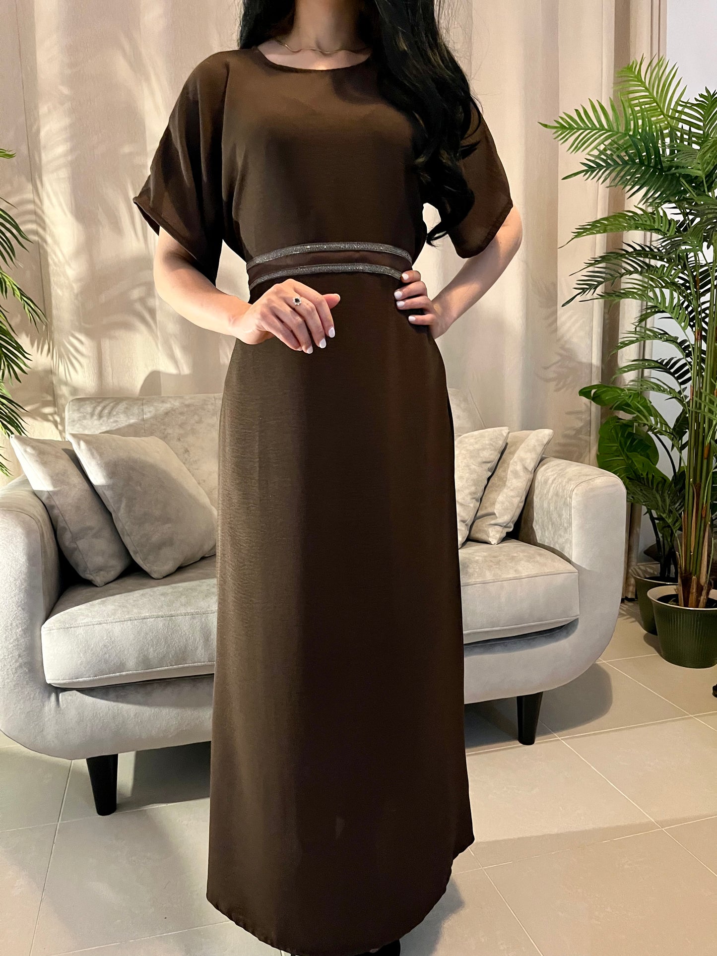 DUBAI BELTED ABAYA - Brown